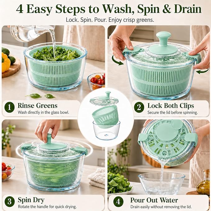 Large 5.2 Qt Glass Salad Spinner Vegetable Dryer with Drain Microwave Safe Dishwasher Safe with Transparent Lid Crank Handle Quick Spin Greens Washer for Lettuce Herbs Fruits