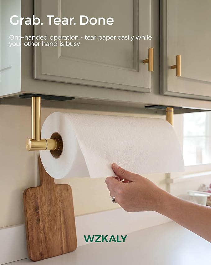 Paper Towel Holder Under Cabinet, Self Adhesive or Wall Mount Hanging Paper Towel Holder with Damping Effect, Single Hand Operable, Stainless Steel for Kitchen Bathroom (Black&Gold)