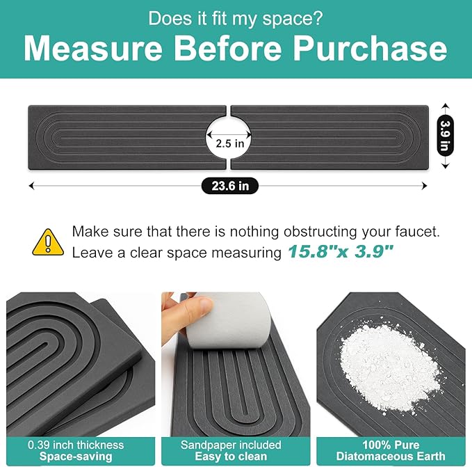 Stone Faucet Mat for Kitchen Sink Trays Diatomite Quick Dry Around Faucet Mats Water Absorbent Stone Drying Mat for Kitchen Counter Tray for Bathroom Sink Protector Splash Guard