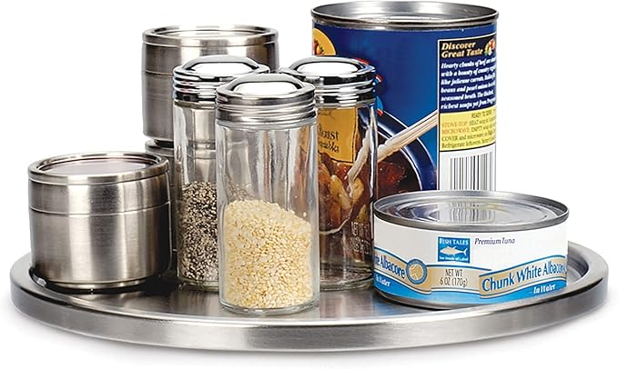 RSVP International Endurance TURN-1 Turntable Lazy Susan, Stainless Steel, 10.5" | Handy in Cabinet, Refrigerator or on Counters | Organize Spices, Canned Foods, Pots, Pans, Dinnerware, 10.5 Inch