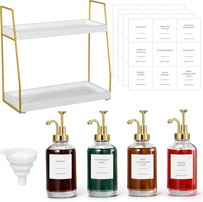 Leinuosen Coffee Bar Accessories, 2 Tier Wooden Cup Organizer Station and 4 Coffee Syrup Dispenser, 16.9 oz 500ml Glass Syrup Dispenser with 36 Labels and 1 Silicone Funnel(Gold)