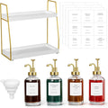 Leinuosen Coffee Bar Accessories, 2 Tier Wooden Cup Organizer Station and 4 Coffee Syrup Dispenser, 16.9 oz 500ml Glass Syrup Dispenser with 36 Labels and 1 Silicone Funnel(Gold)