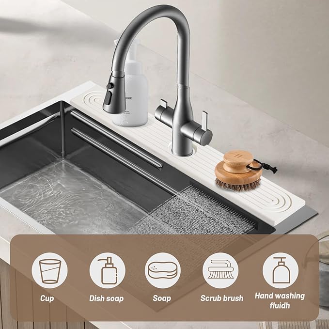 Faucet Mat for Kitchen Sink - 23.6" Diatomite Fast Drying Stone Sink Tray Absorbent Mat Faucet Splash Guard for Kitchen Sink and Bathroom Counter Drying Mat (White, 23.6"x 3.9")