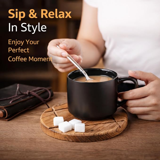 GBhome 14 OZ Coffee Mugs Set of 6, Stackable Ceramic Mugs for Men, Women, Modern Coffee Cups With Stable Base for Latte, Tea, Cappuccino. Dishwasher & Microwave Safe, Matte Black