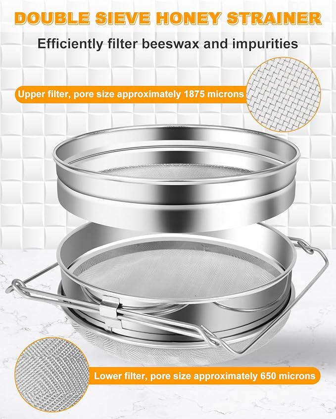 Stainless Steel Honey Strainer, Double Sieve Honey Filter, Honey Filters for 5 Gallon Bucket, Honey Fine Mesh Strainer, Honey Extractor Sieve Equipment for Clean Honey with Honey Harvesting Equipment