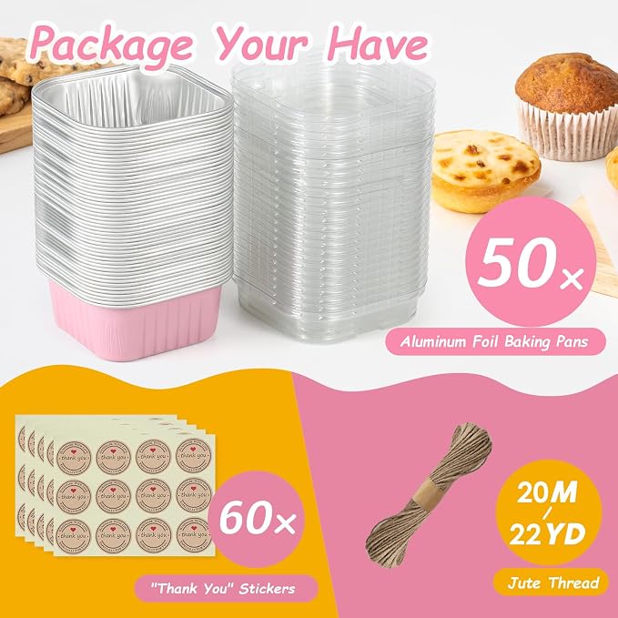 Mini Square Baking Cups with Lids, 50 Pcs Pink 5oz Aluminum Foil Cupcake Tins with Lids, Disposable Ramekins Flan Cake Pans Tins for Souffle, Dessert, Valentine, Wedding, Party Small Cake Containers