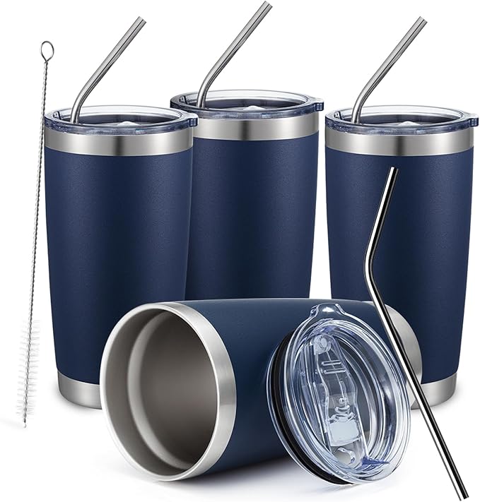 COMOOO 20oz Stainless Steel Navy Tumbler Bulk with Lid and Straw Insulated Coffee Tumbler Cup Double Wall Vacuum Travel Mug for Cold Drinks and Hot Beverage (Navy, 4 Pack)
