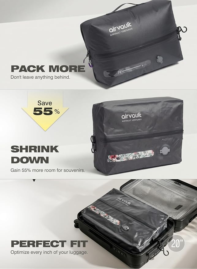 AirVault Reusable Vacuum Compression Travel Bag for Carry-On Suitcase and Backpack, Recycled IPX8 Waterproof Space Saver Vacpack (18L Gray (3-Pack) (Air Pump Included)
