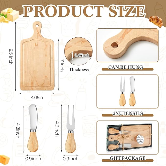 Ziliny 1 Set Bridal Baby Shower Cheese Prizes Wooden Square Board Gift Set Knives Forks Thank You Tags with Box for Guests for Valentines Bridal Baby Shower Housewarming (Maple Wood)