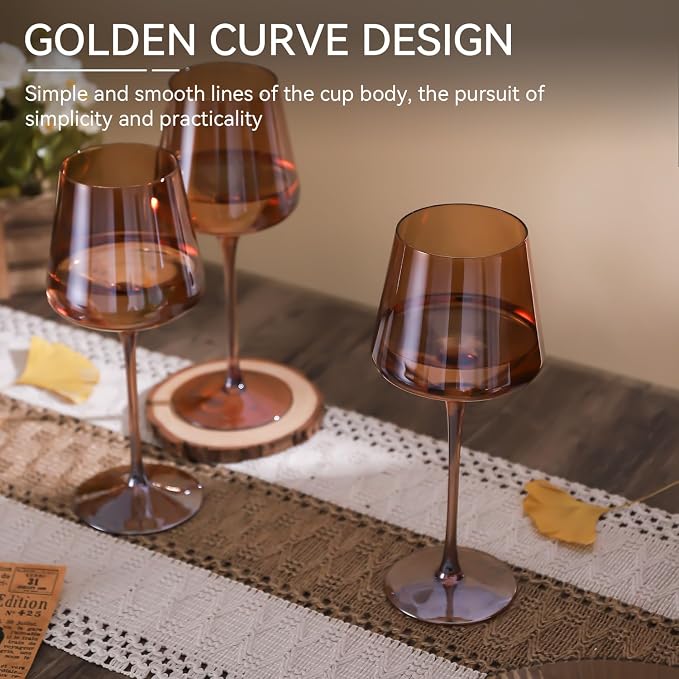 Brown Wine Glasses Set of 6,18oz Dark Amber Wine Glassware Gift Set for Party Brown Hand Blown Glass Drinkware for Red White Wine gifts set for wine lovers