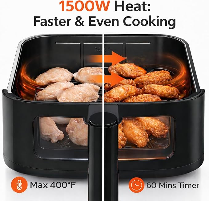 Simple Deluxe 8-in-1 Air Fryer 4 Qt, Digital Preset Airfryer with Visible Window, Nonstick and Dishwasher-Safe Basket for Chips, Bake, Wings, 60-Min Timer, 1500W, Gray