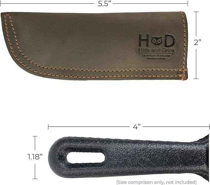 Hide & Drink, Full Grain Leather Hot Handle, Cast Iron Protector, Panhandle Potholder, Double Layered, Double Stitched, Slides On/Off Easily onto Metal Skillet Grips, Handmade, Dark Jade
