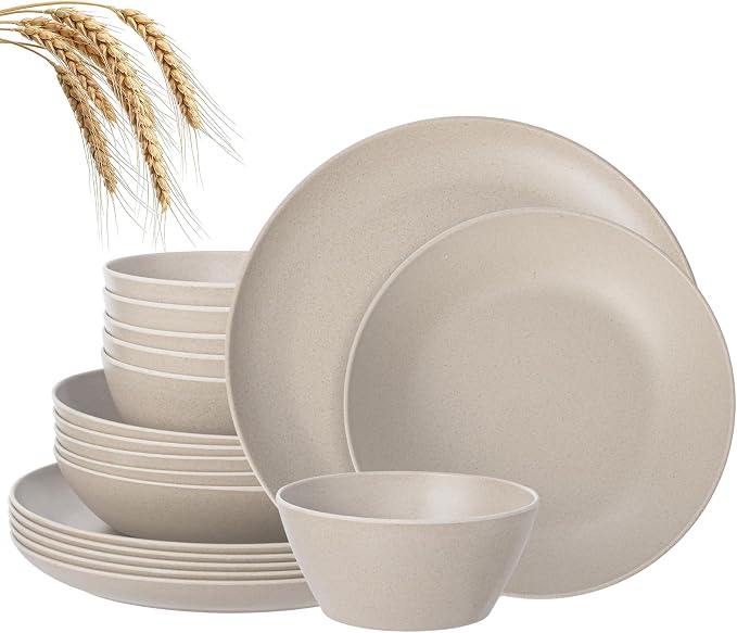 Wheat Straw Melamine Dinnerware Sets 18 Piece for 6, Shatterproof Plates and Bowls Set, BPA Free & Dishwasher Safe, Lightweight MattWarm Beige Finish Dish Set (18, Warm Beige)