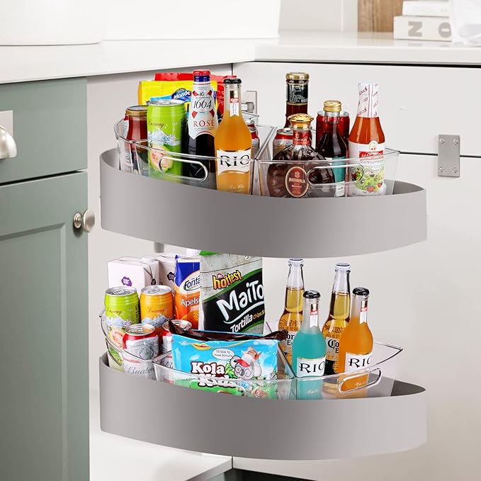 URALFA Lazy Susan Organizers Set of 4, 10"x 9.5"x 4" Corner Cabinet Organizer, Plastic Transparent Kitchen Cabinet Storage Bins with Handle, 4" Deep Container, 1/8 Wedge - Food Safe, BPA Free