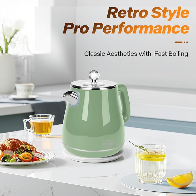 Retro Electric Tea Kettle 1.8L, Stainless Steel Electric Hot Water Kettle for Boiling Water, BPA Free, 1350W Fast Boil, Auto Shut Off & Boil-Dry Protection, Sage Green