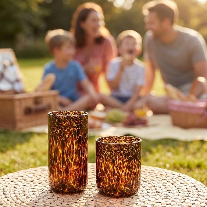 Honeydak Set of 4 Set of 4 Tortoise Leopard Print Brown Rocks Glasses Stylish Stemless Cocktail Cups Glass Glassware Tumbler Ideal for Gin, Tequila, Vodka, Soft Drinks (Whiskey Cup,10oz,16oz)