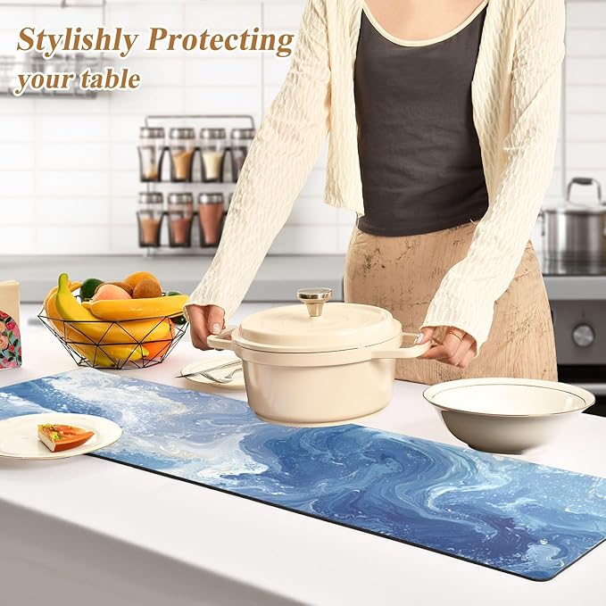 2-in-1 Table Runner Trivet for Hot Dishes Heat Resistant Hot Plate Mat Pad 39x12 Inch Waterproof Table Protector Trivets for Countertop Non Slip Decorative Blue Swirling Fluid