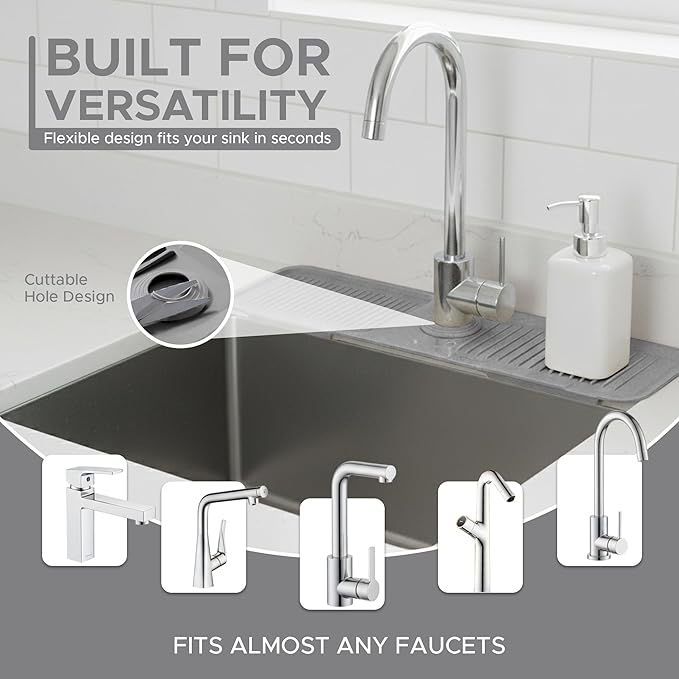 Silicone Faucet Mat for Kitchen Sink 17.7 Inch | 5° Slope Fast Self-Draining Sink Splash Guard | Multipurpose Faucet Mat Foldable Durable No Smell | Cut-to-Fit Opening Up to 2.6in|Nordic Grey