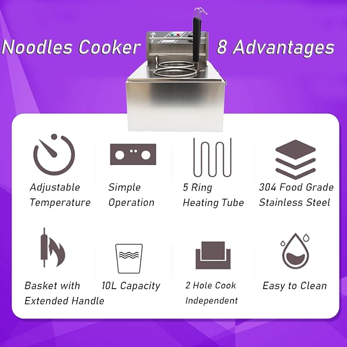INTBUYING Electric Noodle Maker 2 Hole Commercial Pasta Maker 5 Ring Heating Tube with 2 Baskets for Restaurants Shop 110V 1700W 10L Capacity