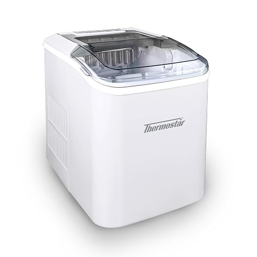 Nostalgia Thermostar Automatic Self-Cleaning Portable Electric Countertop Ice Maker Machine, 26 Pounds in 24 Hours, 9 Ice Cubes Ready in 7 Minutes, with Ice Scoop and Basket, White