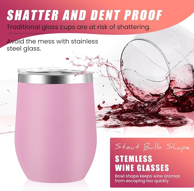 Remagr 16 Pack Stainless Steel Wine Tumblers 12 oz Insulated Vacuum Wine Cup Set Double Wall Stainless Steel Stemless Mug Glasses for Coffee Soda Whiskey Outdoor Travel (Pink)