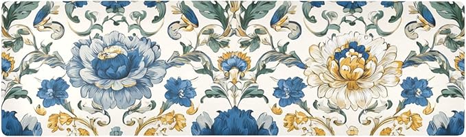2 in 1 Table Runner Trivet for Hot Pots and Pans Heat Resistant Non Slip Waterproof 39 x 12 Inch Decorative Table Protector for Kitchen Countertop Royal Floral Blue and Yellow Tile