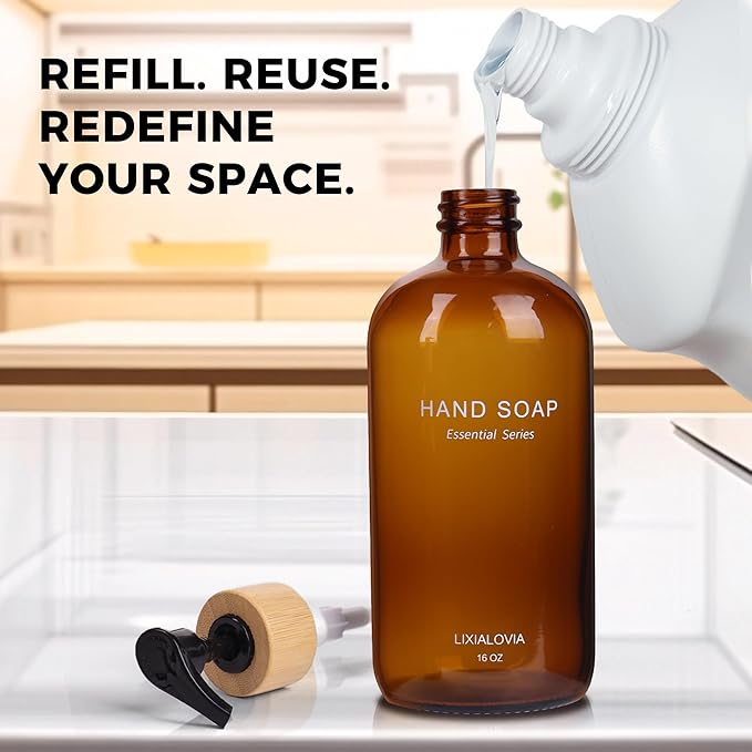 Dish and Hand Soap Dispenser Set with Tray, 16OZ Refillable Glass Bottles and Wood Pump, Double Bottle Countertop Organizer for Kitchen and Bathroom (Amber)