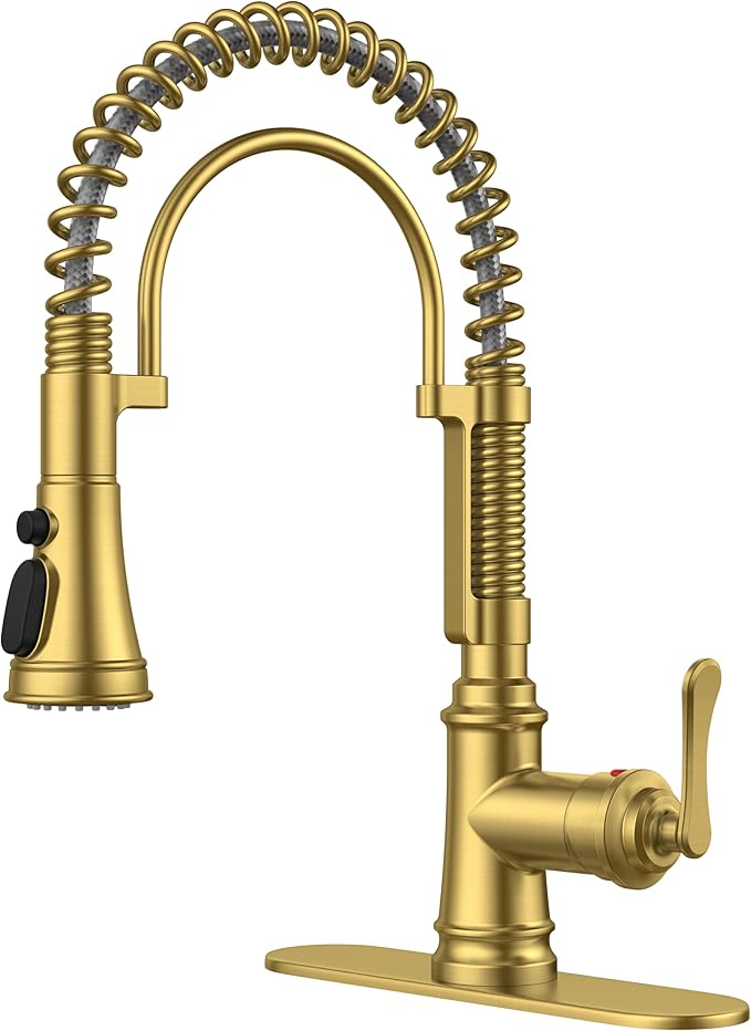 FORIOUS Gold Kitchen Faucet with Pull Down Sprayer, Stainless Steel Single Handle Spring Antique Brass Kitchen Sink Faucet with Deck Plate for 1 or 3 holes, Sutiable for Farmhouse, RV, Camper, Wet Bar
