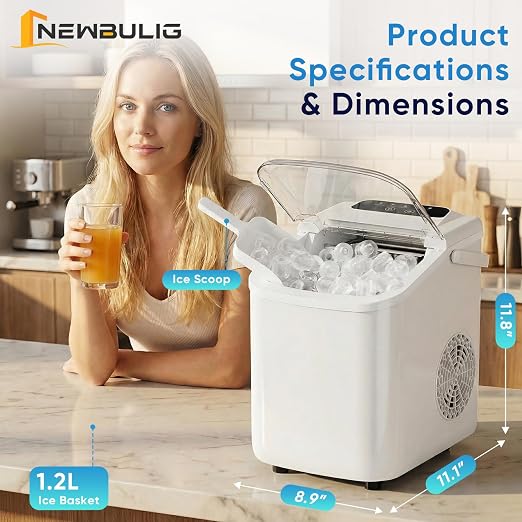NEWBULIG Ice Maker, Countertop Ice Machine with Handle | 9 Bullet Cubes in 6-8 Mins, 26lbs Daily, Self-Cleaning with Basket and Scoop for Home/Kitchen/Camping/RV