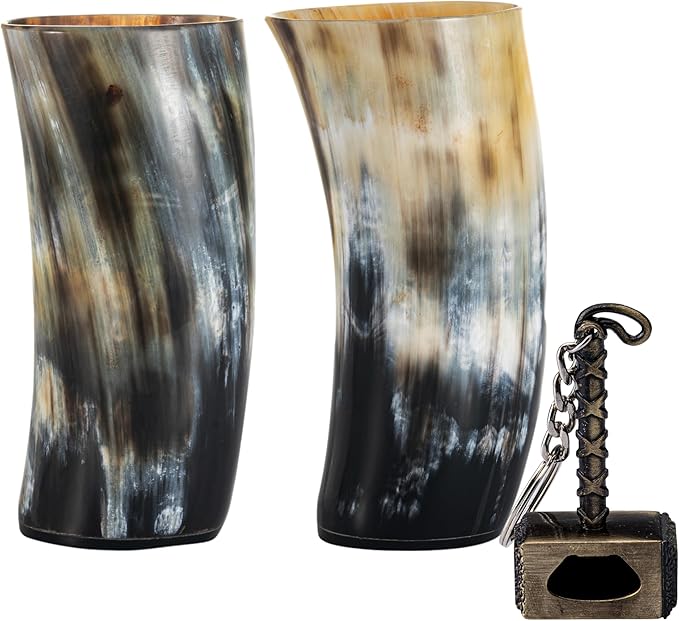 FENRIR Viking Drinking Horn Mug Set of 2 – Gifts for Men, Dad, Husband – Unique Viking Gift – Natural Ox Horn Cup with Opener – For Beer, Ale, Mead (12-13 Oz/Glass)