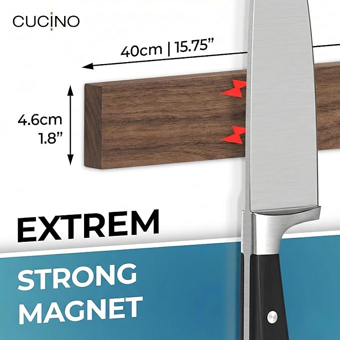 CUCINO Magnetic Knife Holder for wall, 16" no drilling required, includes self-adhesive tape, extra strong for holding knives – Awarded magnet strip – Walnut