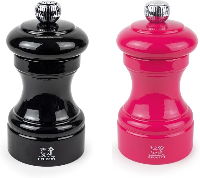 Peugeot Bistro Pepper and Salt Mill Set, 4in - French Design with Adjustable Grinding Precision, Beechwood & Stainless Steel, Enhance Flavors - Durable Cooking Tools (Black/Pink)