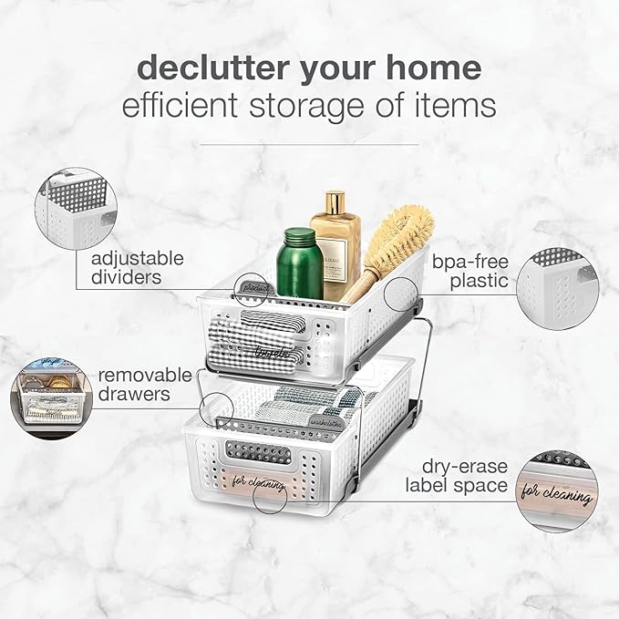 madesmart 2-Tier Plastic Multipurpose Organizer with Divided Slide-Out Storage Bins, Under Sink & 2-Tier Plastic Multipurpose Organizer with Divided Slide-Out Storage Bins