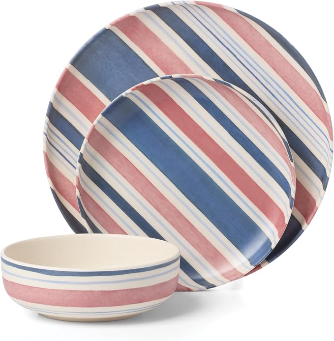 Oneida 24 Seven Melamine Collection, Dishwasher Safe Melamine Dinnerware and Drinkware, Stripe Pattern, Dinnerware Set, 12-Piece