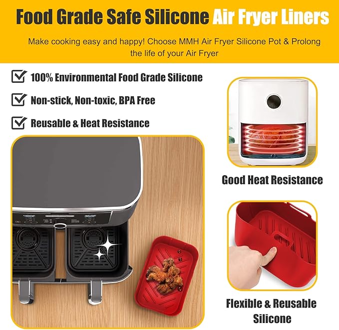 100Pcs Air Fryer Disposable Liners+ 2Pcs Silicone Liners Sets for Ninja DZ201 SL201 DZ090 6-8Qt, Rectangular Air Fryer Inserts Accessories for Chefman/Instant Dual Basket, Parchment Paper Liners+Red