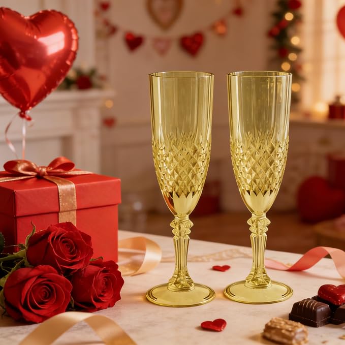 Plastic Champagne Flutes, Champagne Glasses Bulk, Reusable Unbreakable Acrylic Wine Glasses Goblets for Weddings Bachelor Parties Toasting Bridal Shower (12, Gold)