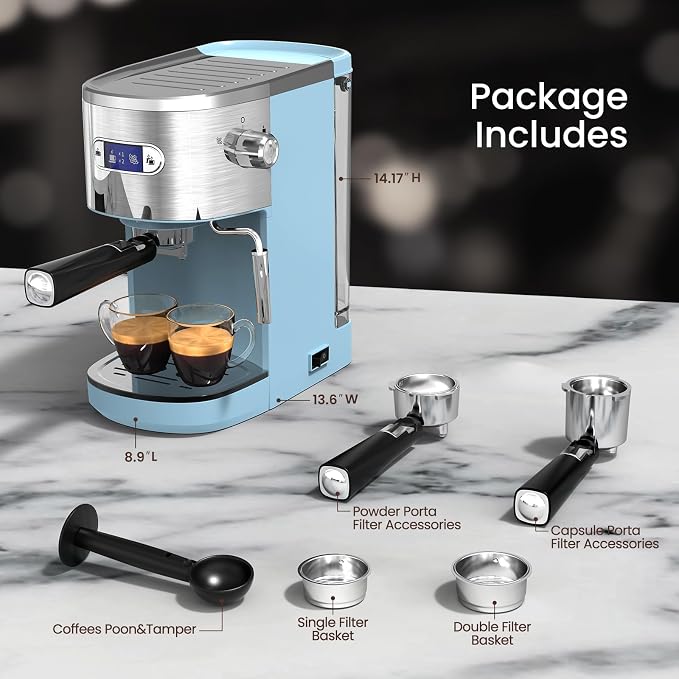 Electactic 20 Bar Espresso Machine, Professional Stainless Steel Coffee Maker with LCD Display, 45oz Removable Water Tank, Home & Office Espresso Maker for Cappuccino Latte Macchiato, Blue