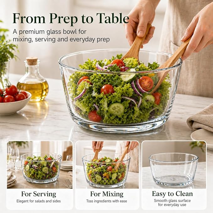 Large 5.2 Qt Glass Salad Spinner Vegetable Dryer with Drain Microwave Safe Dishwasher Safe with Transparent Lid Crank Handle Quick Spin Greens Washer for Lettuce Herbs Fruits