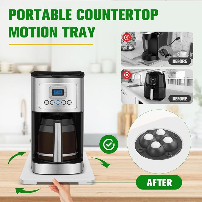 Appliance Slider 360° Rolling Tray for Coffee Maker- Bamboo Coffee Pot Slider Tray Countertop Rotation Sliding Tray with Wheels, Small Appliances Mat White (small 11.8" × 9.8" × 0.6")