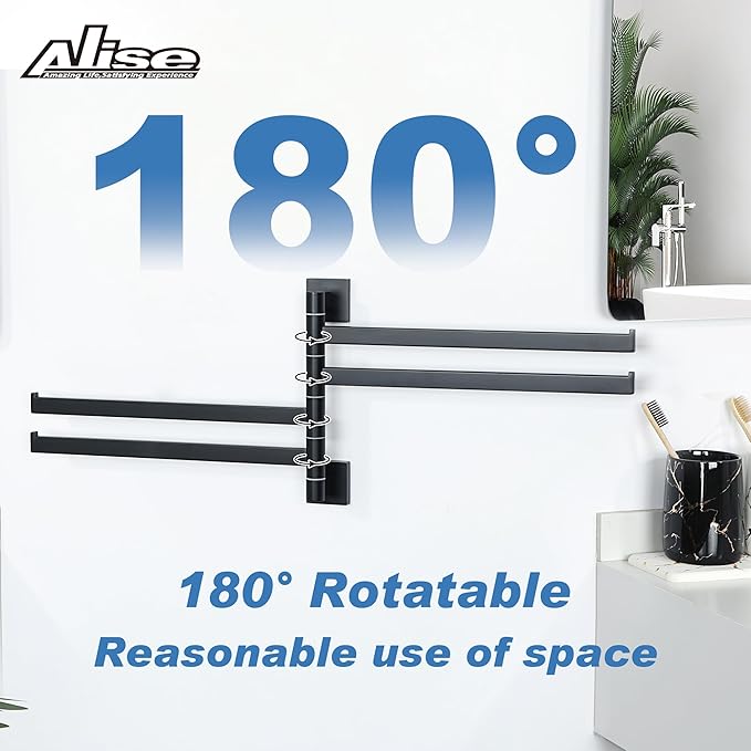 Alise Swivel Towel Rack, 4-Arm Towel Bar, Space Saving Towel Rack Wall Mount Drying Towel Holder, Swing Out Towel Holder for Bathroom Kitchen Toilet, Square SUS304 Stainless Steel, Matte Black
