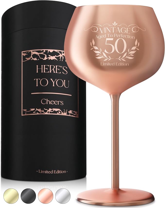 Gusto Nostro 50th Birthday Wine Glass - Classy 50th Birthday Gifts for Women/Men - Stainless Steel Wine Glass with Engraved Vintage Fifty Bday Quote & Gift Box - Gift for 50 Year Old Woman - Gift Idea