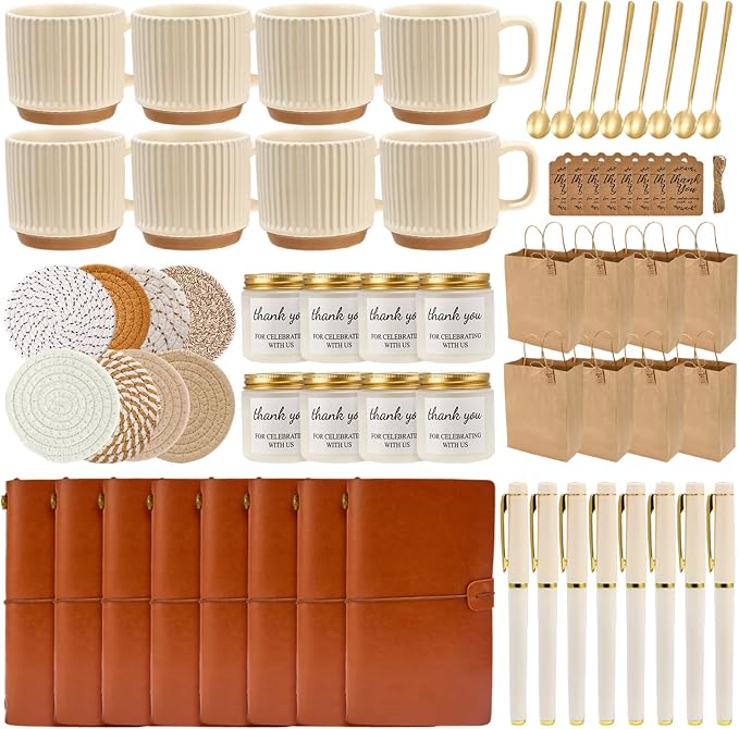 Baby Shower Prizes for Game Winners Baby Shower Games Prizes Ceramic Mugs with Metal Spoons Woven Coasters Notebooks Scented Candles Gift Bags Wedding Bridal Shower Favors for Guests (8, Brown)