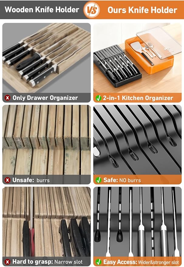 MAD SHARK 2-in-1 Detachable Knife Block & Silverware Organizer, Drawer Knife Holder for 10 Knives, BPA-Free, Blade-Safe Slots, Save Counter Space, Kitchen Drawer or Counter Storage, No Knives
