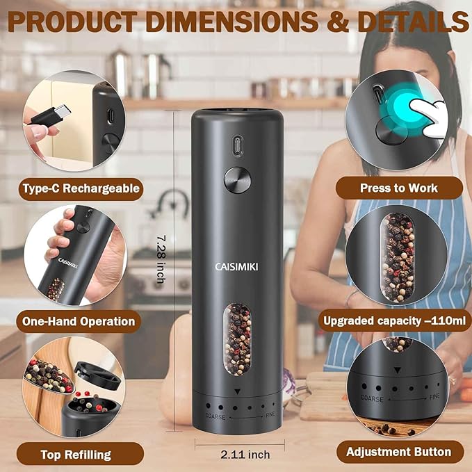 Large Capacity Rechargeable Electric Pepper Grinder 2025 New Pepper Mill USB Black Automatic Pepper Mill Adjustable Coarseness Salt Shakers with LED Light One Hand
