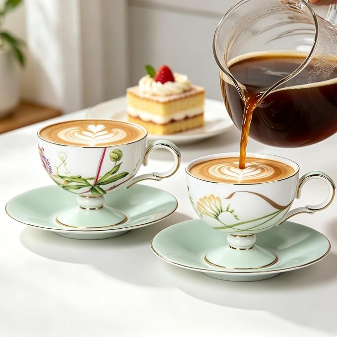 KAMMAK Ceramic Coffee Cups Saucers Set of 2, Porcelain Espresso Cup with Saucer, 6.76 oz Handmade Elegant Bone China Tea Cups, Ceramic Floral Pattern Demitasse Cup for Latte, Americano, Cappuccino