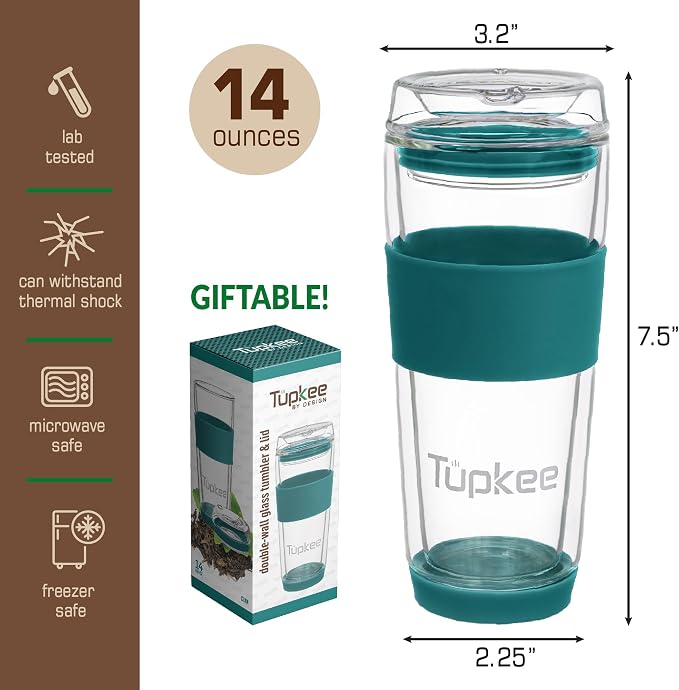 Double Wall All Glass Tumbler - 14-Ounce, Reusable Insulated Tea/Coffee Mug & Lid, Hand Blown Glass Travel Mug - Cyan- 2 Pack