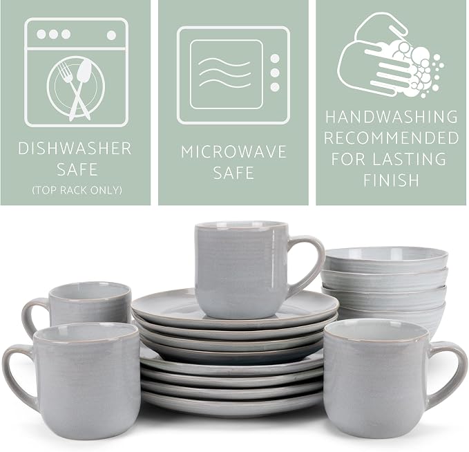 Elanze Designs Reactive Glaze Farmhouse Rustic Boho Ceramic Stoneware Dinnerware 16 Piece Plate Bowl Mug Dish Set - Service for 4, Pale Grey