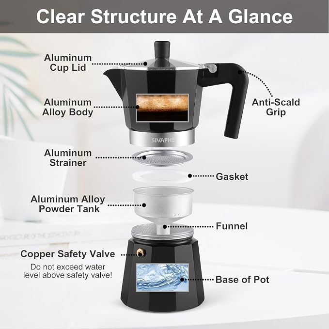 Sivaphe Aluminum Moka Pot 9 Espresso Cups, Percolator Espresso and Coffee Maker, Portable Stovetop Italian and Cuban Café Brewer for Home and Camping Black