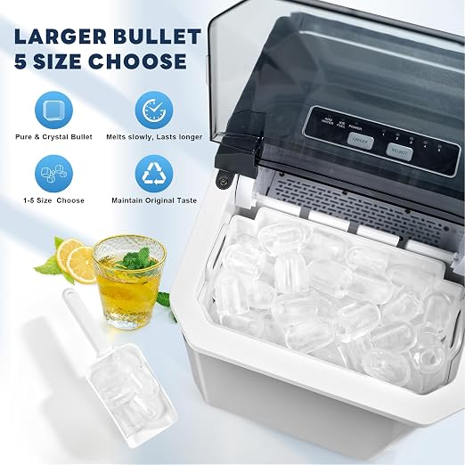 Ice Maker, iceBlue 5 Levels of Bullet Ice Sizes Countertop Ice Maker, 26.5lbs Per Day Ice Machine, 9 Ice Cubes Ready in 9 Mins Stainless Ice Makers Countertop for Home, Kitchen, Gift (Silver)