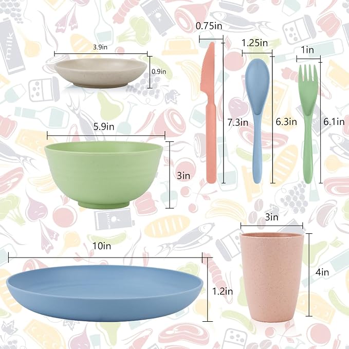 Wrova wheat straw bowls,plates,cups and cutlery sets 28 pcs - Unbreakable Dishwasher Safe dinnerware sets service for 4 - Ideal dish sets for kitchen, camping, indoors and out doors.Nordic